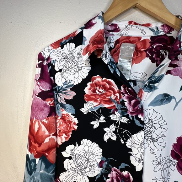 Chico's 2 petite large 12 Long Sleeve Floral Red Black Blouse Shirt Top Tropical - Picture 4 of 12